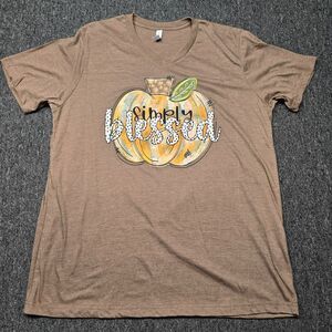 Love In Faith Women’s XL T‑Shirt Brown Simply Blessed Pumpkin Fall Christian Tee